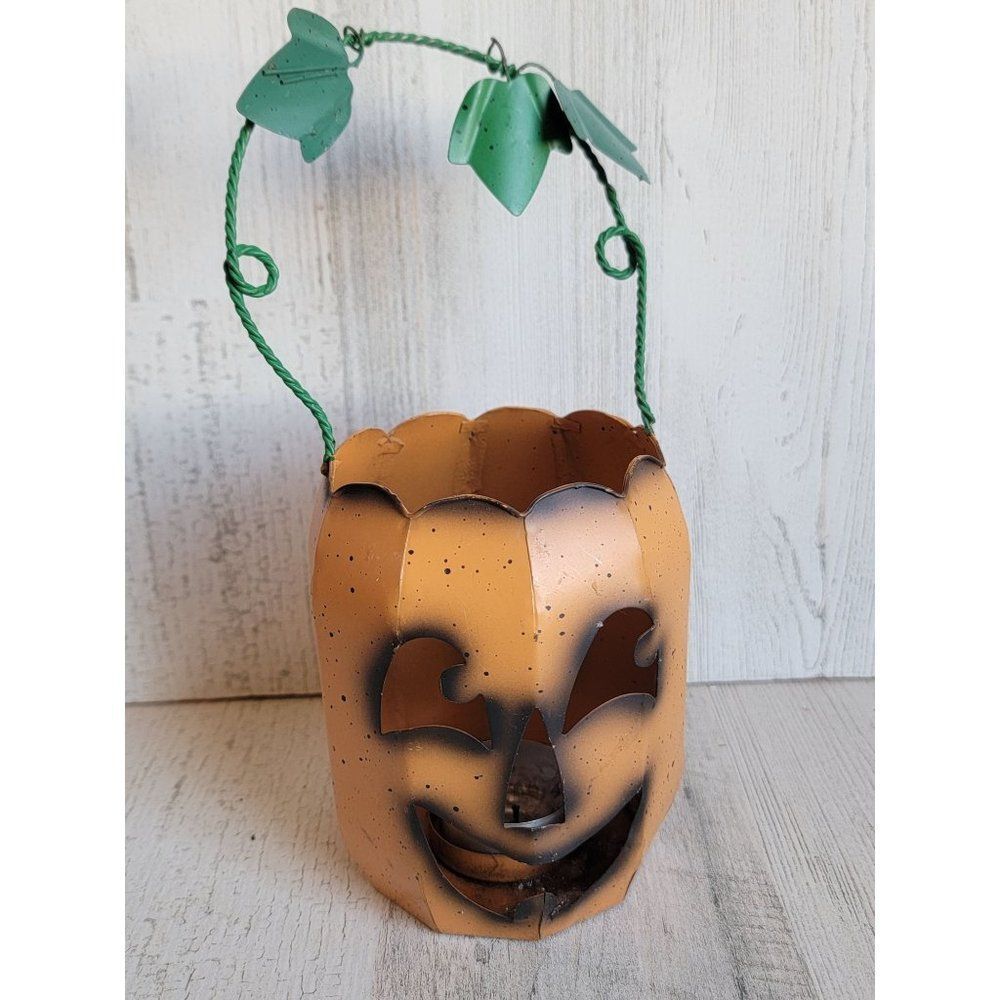 Tin tea light holder AS IS speckled Jack O'Lantern‎ Halloween
